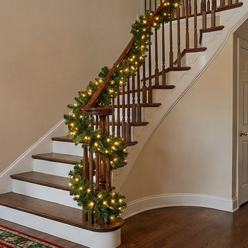 Christmas Wreath Fake - พวงมาลัยคริสต์มาสสีเขียวประดิษฐ์ขนาด 2.7 เมตร พร้อมไฟ LED ตกแต่งต้นสนหวายแขวน