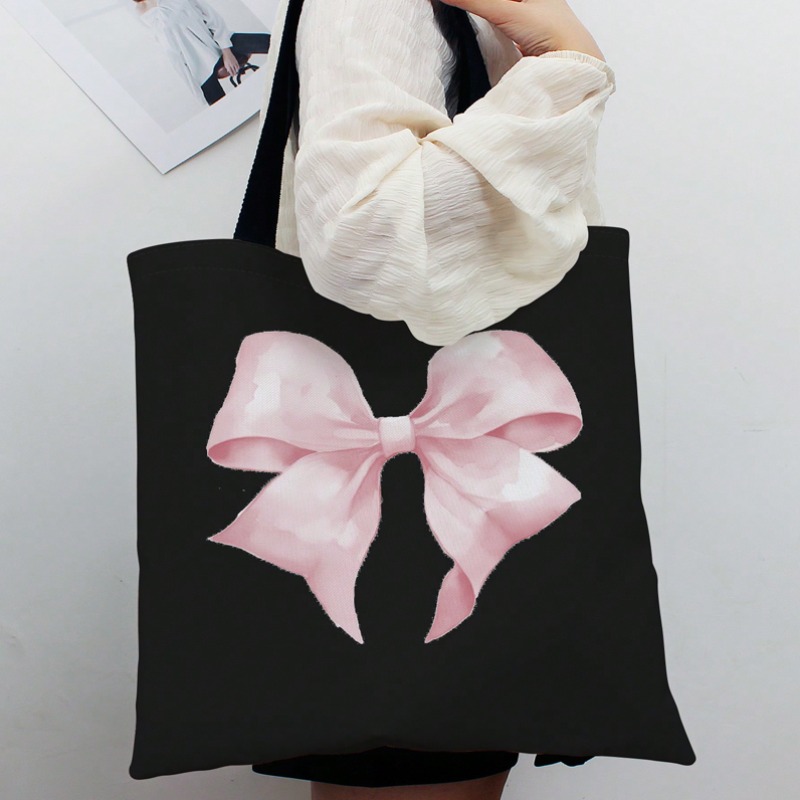 Ribbon Bow Gift - ROMWE กระเป๋าสะพายผ้าแคนวาสลายโบว์น่ารักวาเลนไทน์กระเป๋าถือผ้าแคนวาสสำหรับผู้หญิงนักเรียนทำงานกระเป๋าเดินทางของขวัญ