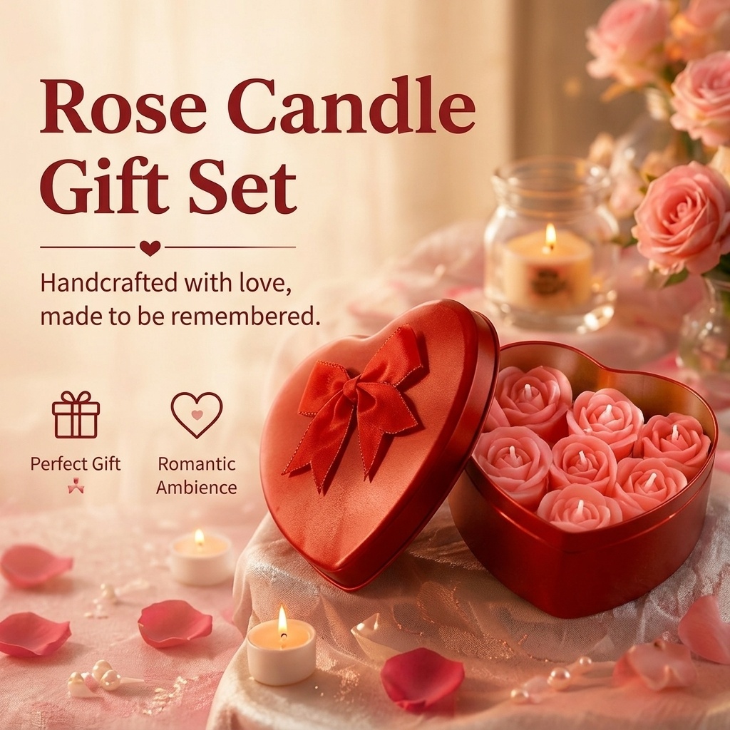 Holiday Candle Set - ชุดเทียนไขถั่วเหลืองรูปดอกกุหลาบ 6 ชิ้น ตกแต่งบรรยากาศโรแมนติก เหมาะสำหรับตกแต่งบ้านและผ่อนคลาย กล่องของขวัญวันวาเลนไทน์