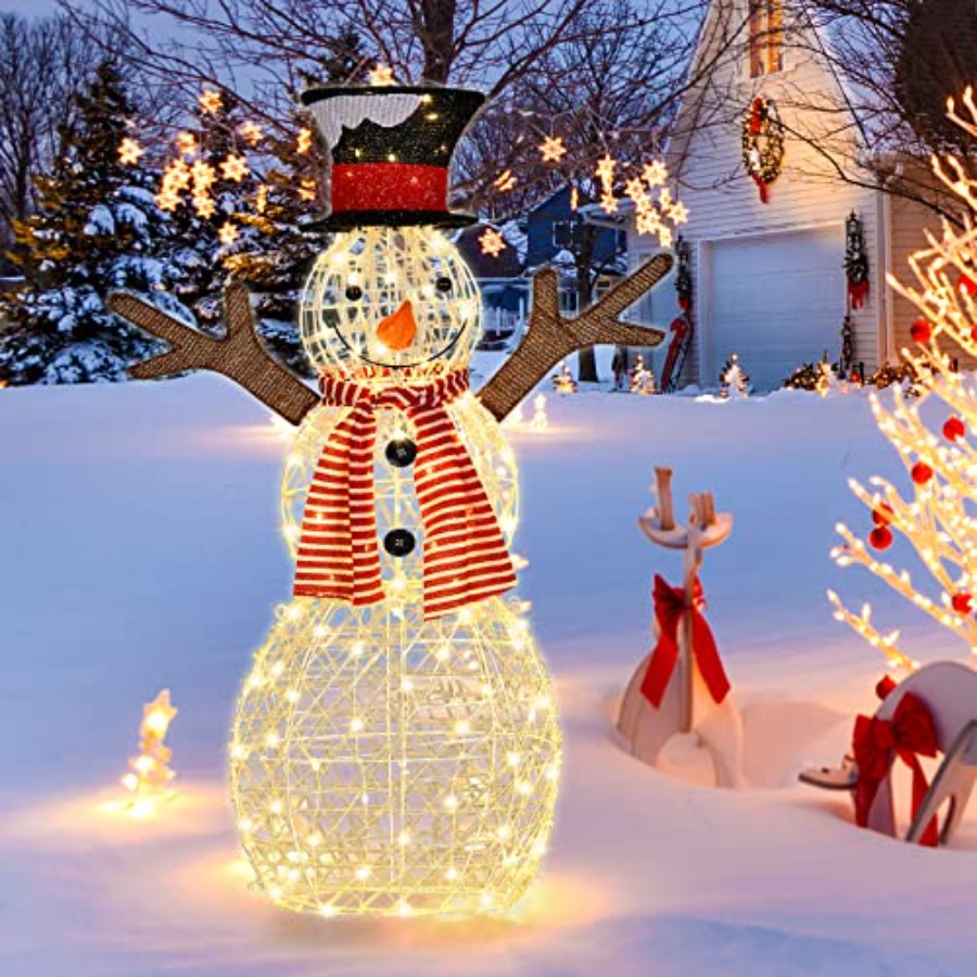 Christmas Lights Outdoor - ของตกแต่งสนามหญ้ารูปมนุษย์หิมะพร้อมไฟสำหรับเทศกาลคริสต์มาส, มนุษย์หิมะสีขาวทำจากพีวีซีพร้อมไฟ LED สีขาวอบอุ่น 80 ดวง,