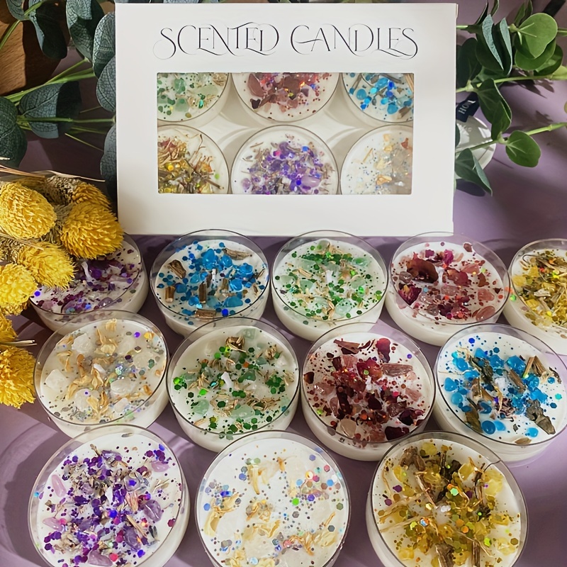 Holiday Candle Set - ชุดเทียนหอม 6 เล่ม น้ําหอมคริสตัลหิน เทียนหอมดอกไม้แห้ง ของขวัญวันวาเลนไทน์