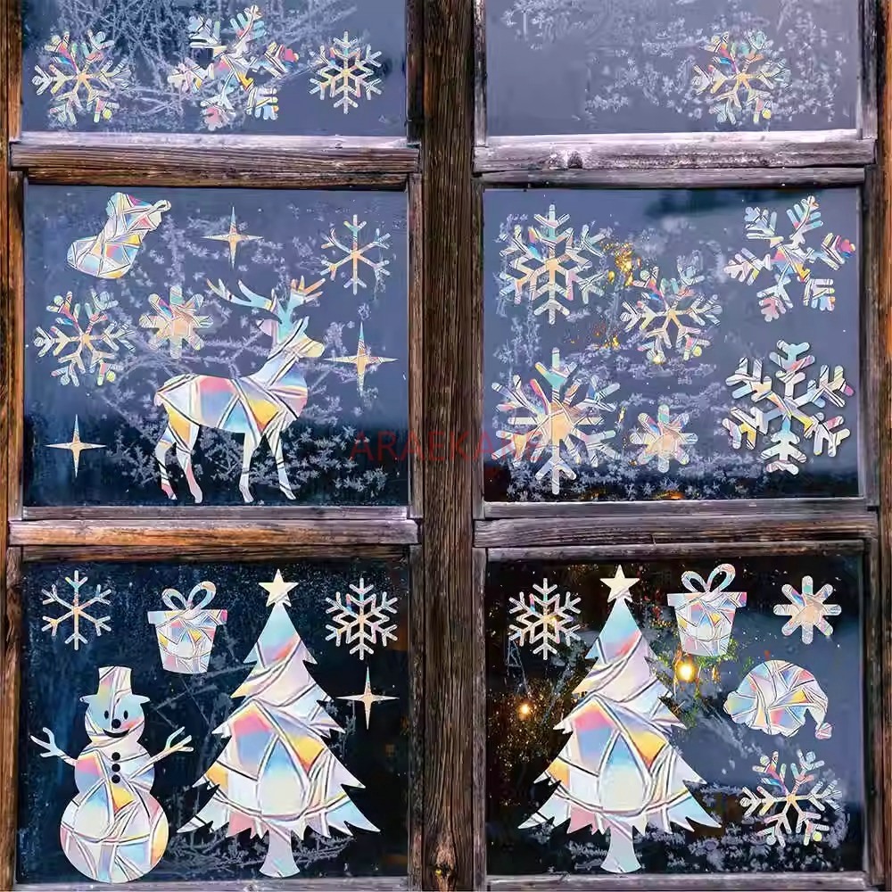 Snowflake Window Decal - สติ๊กเกอร์ติดกระจกหน้าต่างลายคริสต์มาส 2 ชุด ลายกวางเรนเดียร์ เกล็ดหิมะ มนุษย์หิมะ