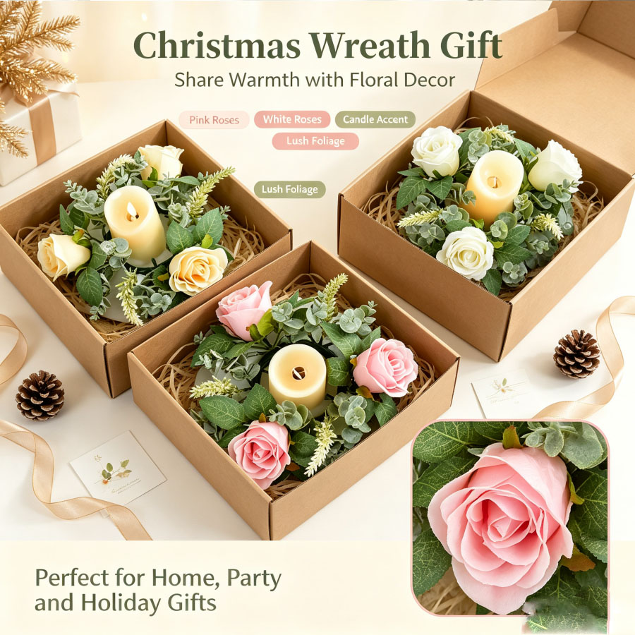 Christmas Wreath Fake - เชิงเทียนรูปพวงหรีดดอกกุหลาบประดิษฐ์ พร้อมพวงมาลัยดอกไม้ สำหรับตกแต่งโต๊ะในงานคริสต์มาส งานแต่งงาน งานวันเกิด และงานปาร์ตี้